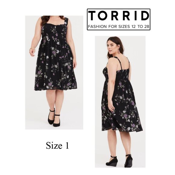 Torrid Special Occasion Black Floral Sweetheart Midi Dress Smocked Chiffon Sz 1 - Picture 1 of 9